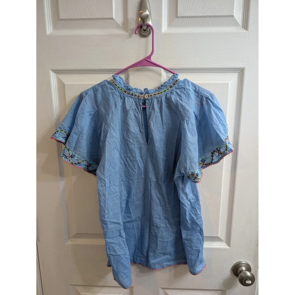 Banjanan Light Blue Embroidered Ruffle Neck Flutter Sleeve Cotton Top - Size S - Picture 2 of 6